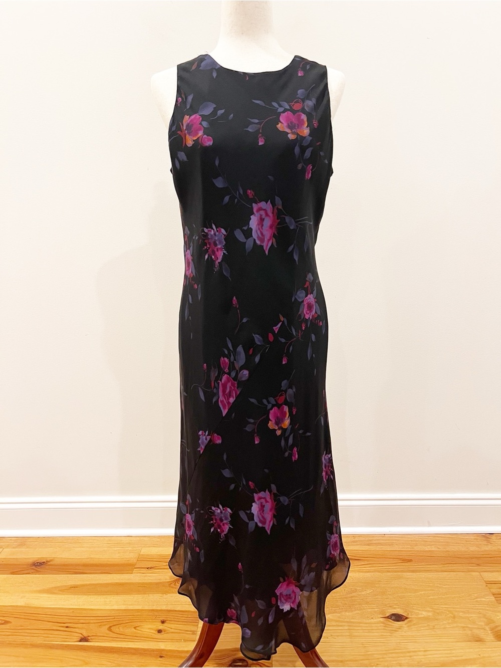 VTG Jones New York Dress 14 Black Silk Dark Floral Maxi Sleeveless Lined 90s Y2K